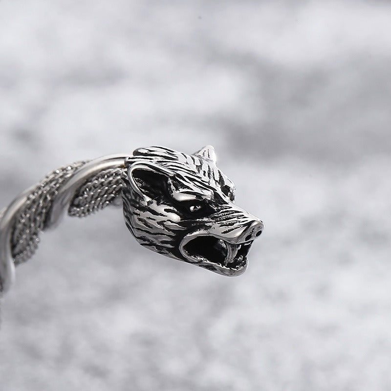Kemstone Dual Wolf-Head Titanium Steel Punk Bracelet – Bold Men's Accessory KB152065