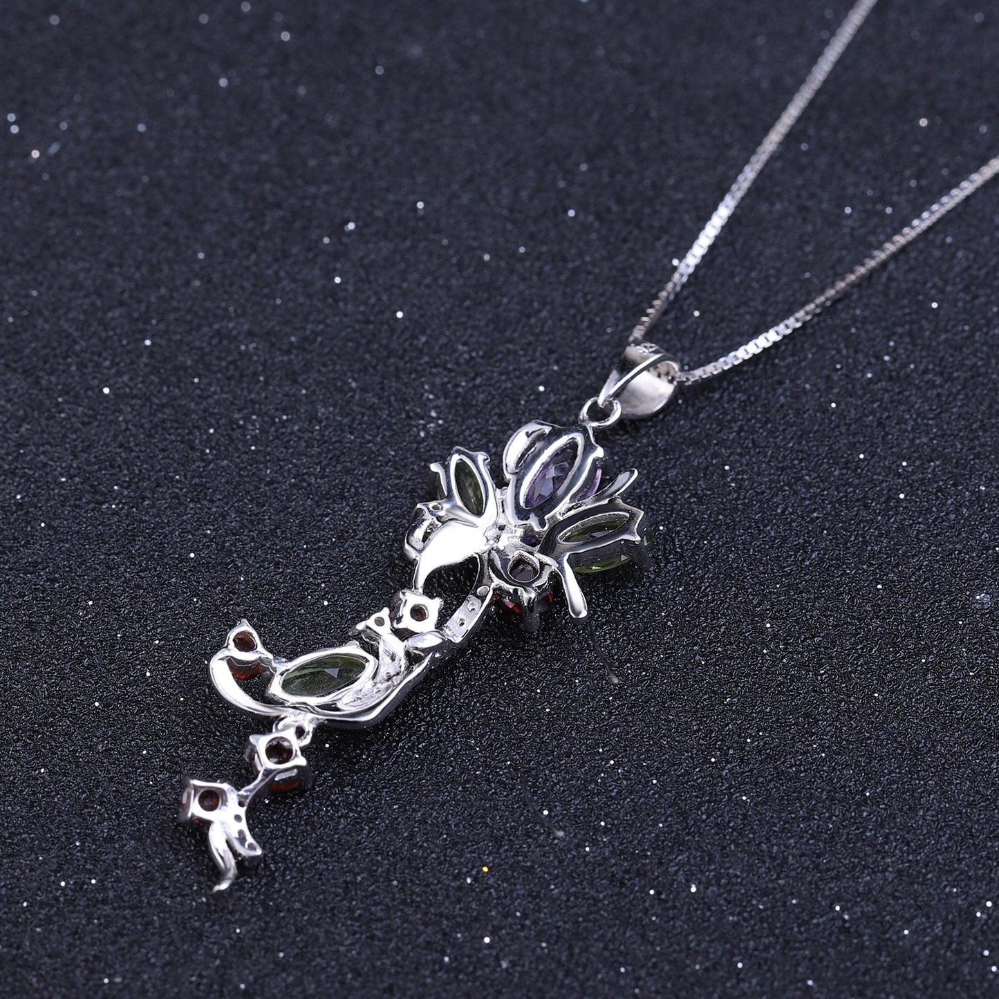 Collar de plata de ley con colgante de lirio de los valles, amatista, peridoto, granate y circonita, diseño original artesanal de Kemstone para mujer, 45,7 cm