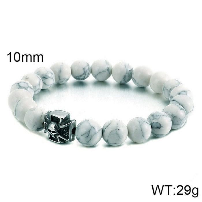 Kemstone Black Onyx Skull Bracelet – Gothic Cross, Howlite & Tiger Eye Beads with Adjustable Titanium Steel Chain for Men KB70686-BD