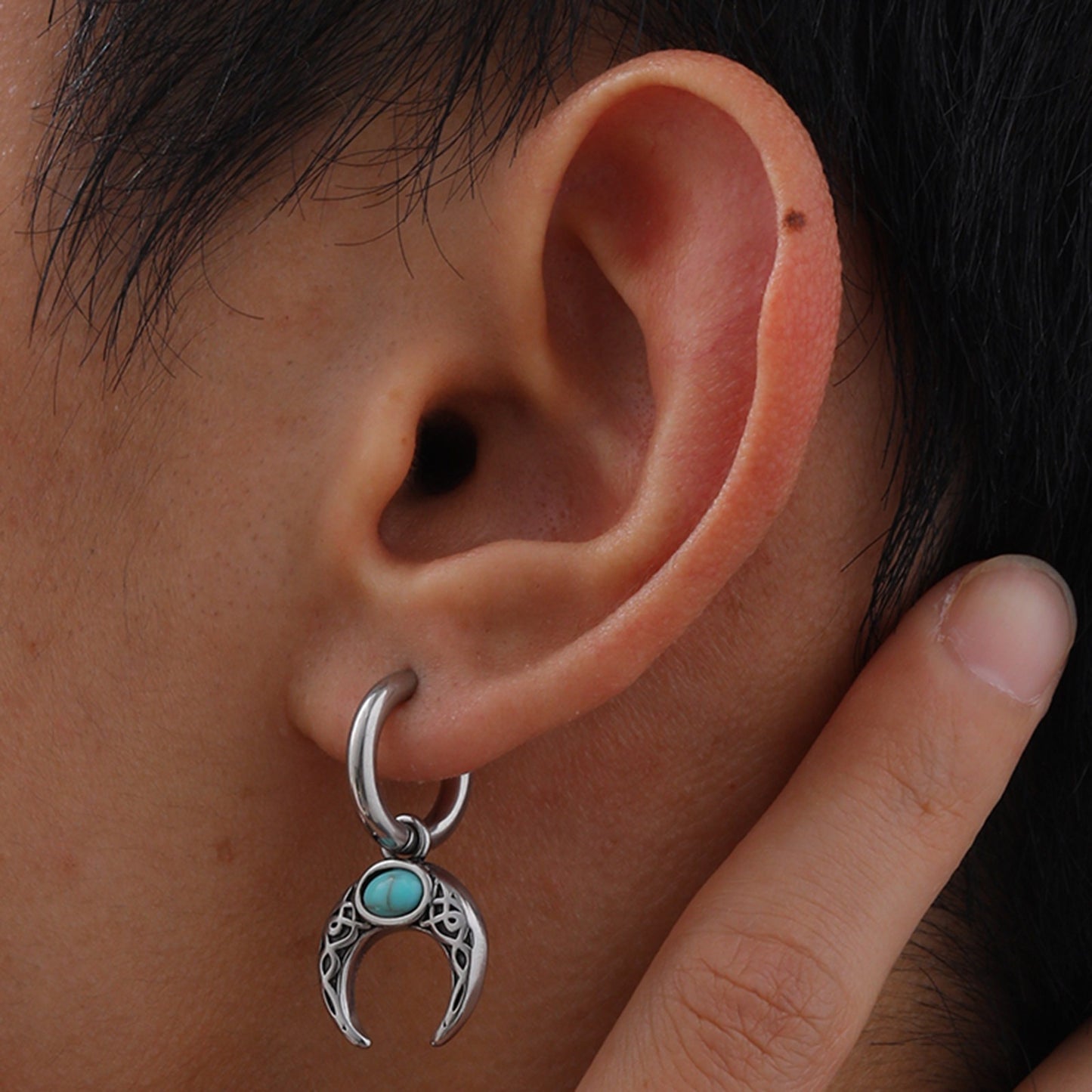 Kemstone Retro Turquoise Moon Men's Earrings - Stainless Steel Hip-Hop Statement Jewelry ED767