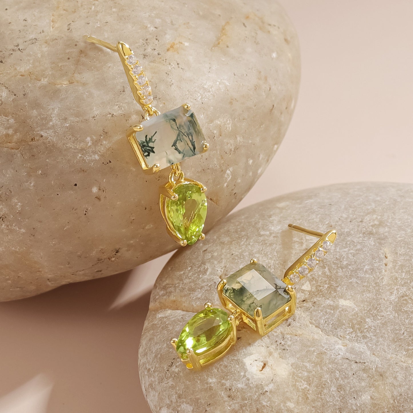 Kemstone Moss Agate & Peridot Drop Earrings – Vintage 925 Sterling Silver with Gold Plating, 2.5cm Dangle T7-OL1343E