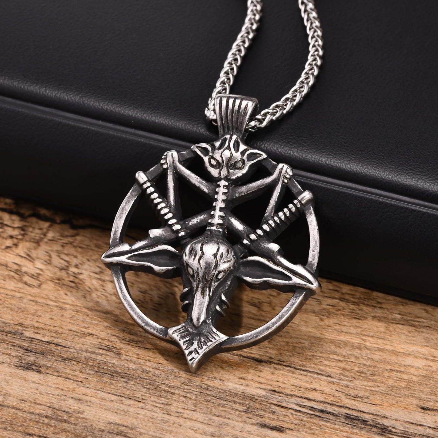 Kemstone Satanic Goat Head Pendant – Stainless Steel Gothic Pentagram Necklace PN-1266