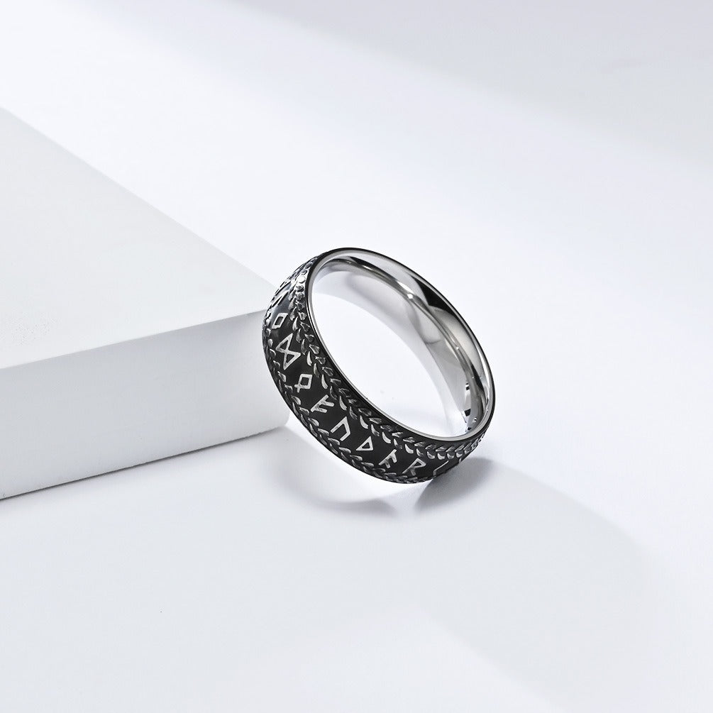 Kemstone Titanium Steel Viking Rune Ring for Men, Vintage Norse Band, Gold/Silver K-R980