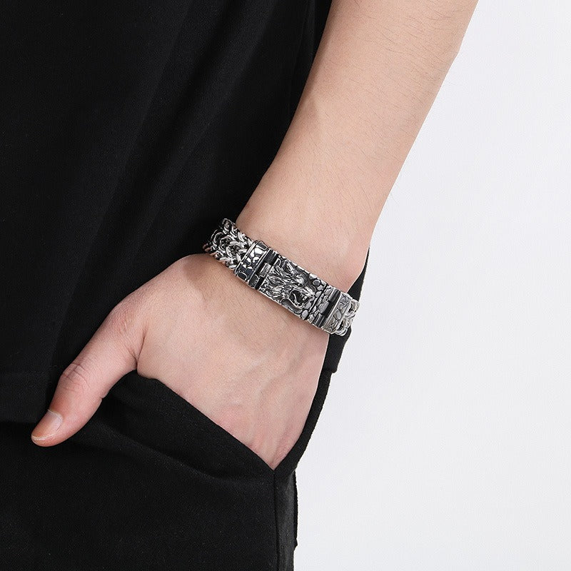 Bracciale in acciaio inossidabile con testa di lupo - Catena punk norrena da 16 mm | Chiusura gotica resistente KB184384