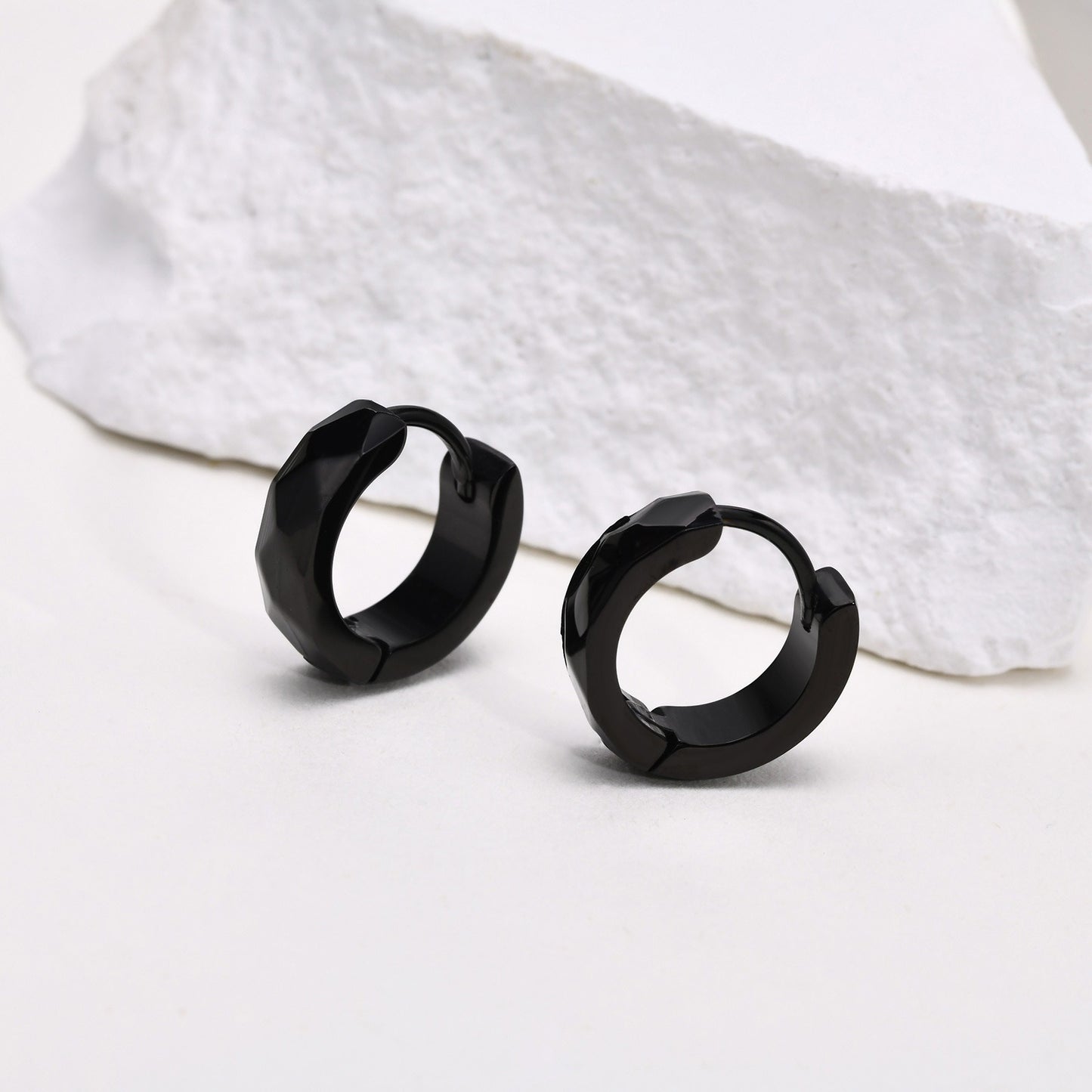 Kemstone Men’s Stainless Steel Hoop Earring – Faceted Punk Style in Black, Silver, Gold EH-552