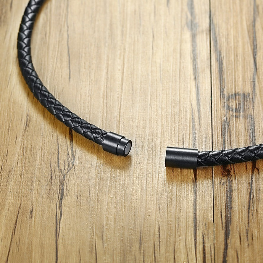 Kemstone Men’s Black Leather Choker Necklace – Lava Stone Beads & Magnetic Steel Clasp, Viking Style NC441
