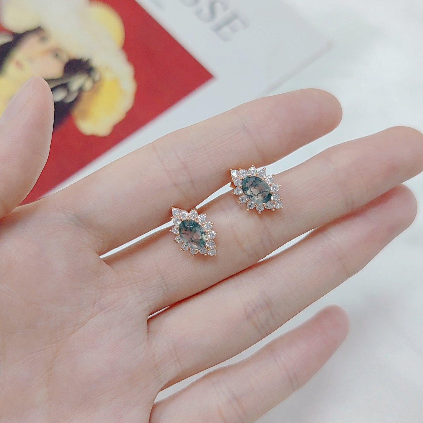 Kemstone Vintage Oval Moss Agate Stud Earrings – Rose Gold Plated 925 Sterling Silver | Dainty Natural Gemstone Jewelry for Women