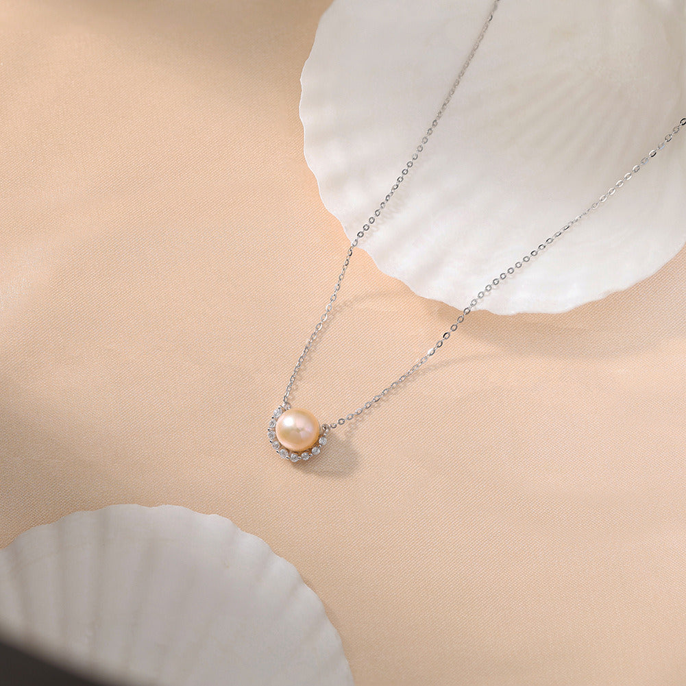Kemstone 925 Sterling Silver Freshwater Pearl Pendant Necklace – 7.5–8mm Pearl Smile Necklace for Women, Gold & Silver Dainty Jewelry Gift A4-GPN87