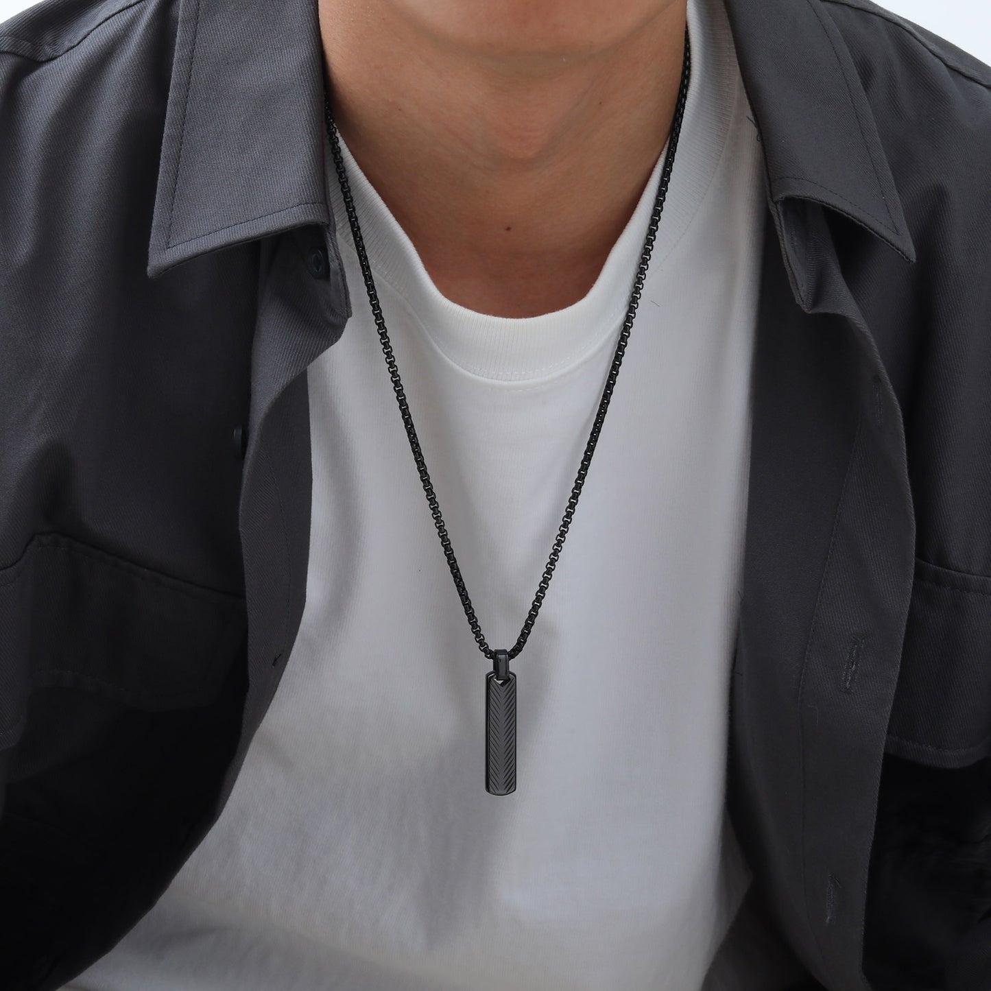Geometric Bar Pendant Necklace for Men | Stainless Steel Chevron Engraved PN2071