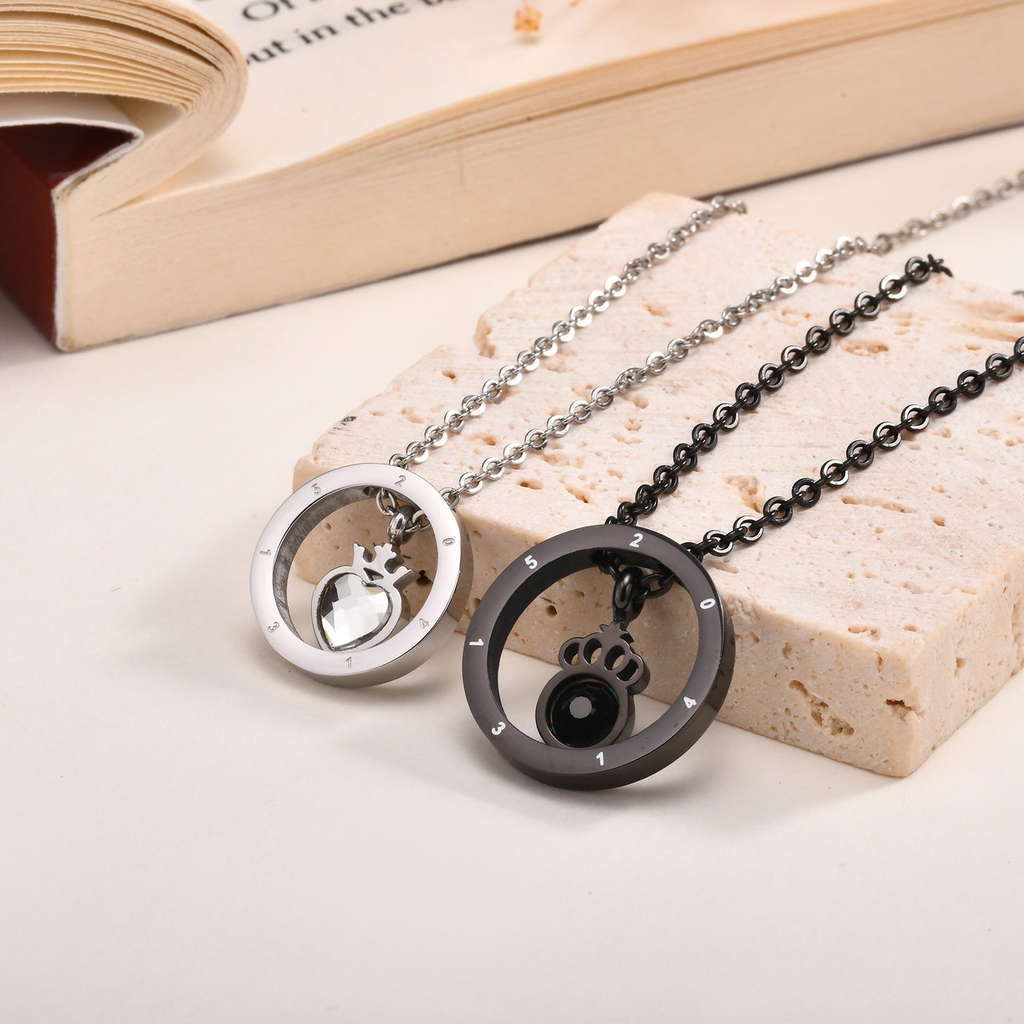 Kemstone Black Crown Ring Pendant Necklace – Matte Steel & Zircon Gothic Jewelry