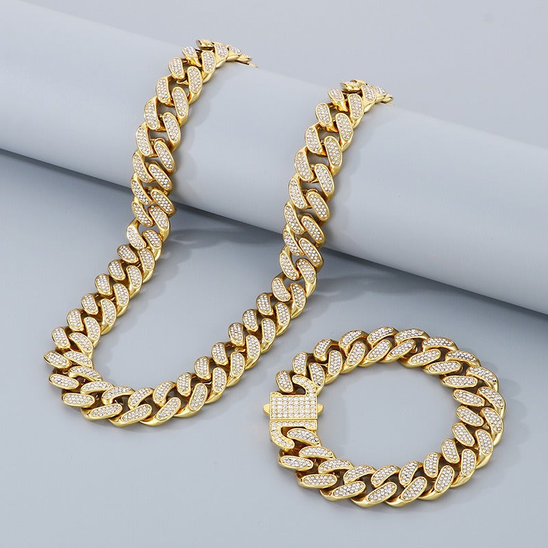 Kemstone Iced Out Cuban Link Chain & Bracelet – Heavy-Duty Titanium Steel Hip-Hop Jewelry KB170711