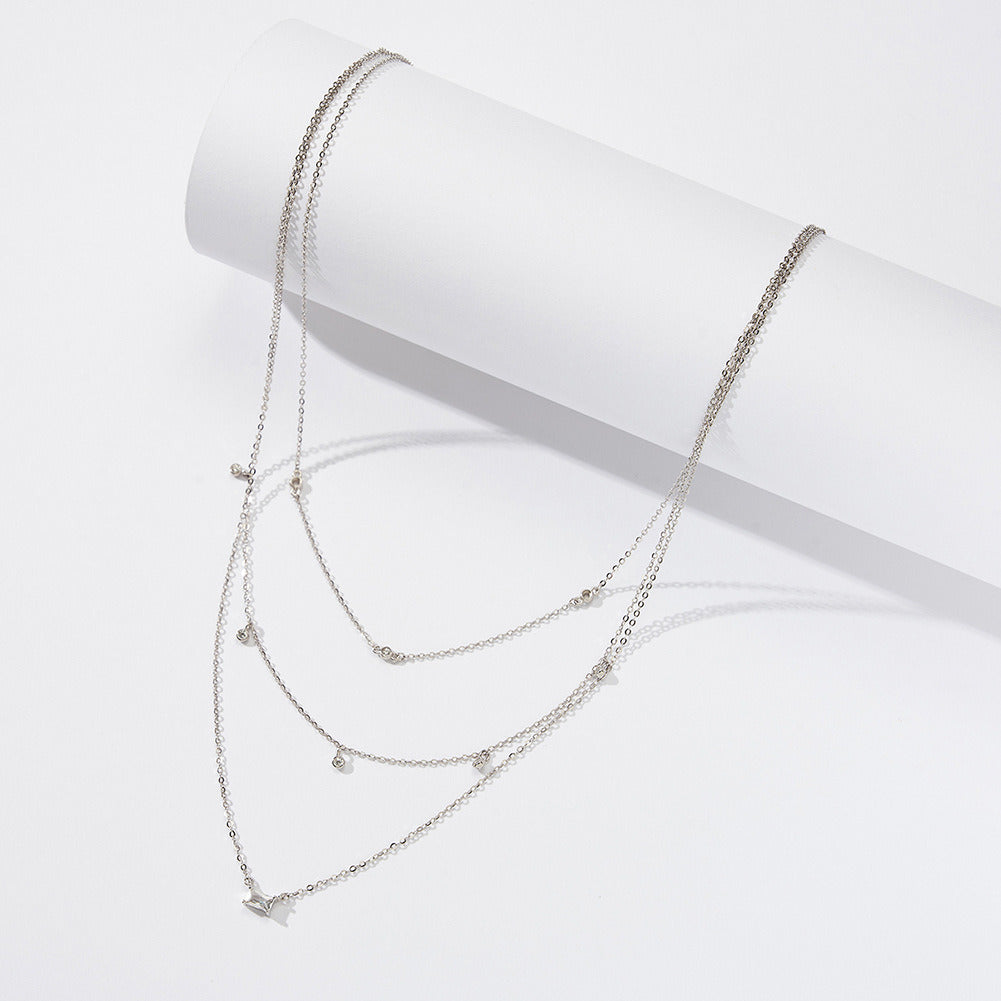 Kemstone S925 Sterling Silver Triple Layer Geometric CZ Necklace for Women – Dainty Layered Clavicle Chain, Silver & Gold A4-BQN10