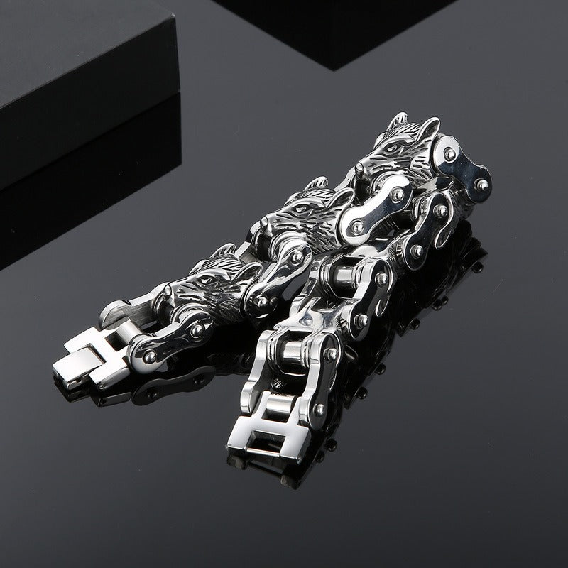 Kemstone Wolf Head Chain Bracelet – Titanium Steel Motorcycle-Inspired Men’s Jewelry KB152384
