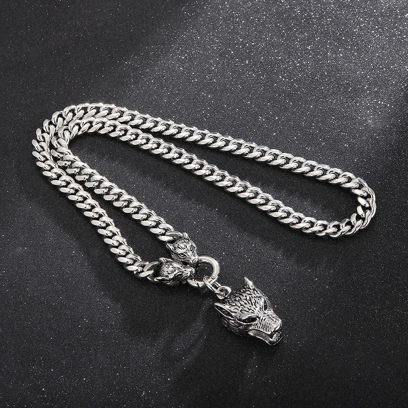 Set di catene in acciaio da uomo Kemstone - Bracciale e collana con testa di lupo per stile punk KB133023