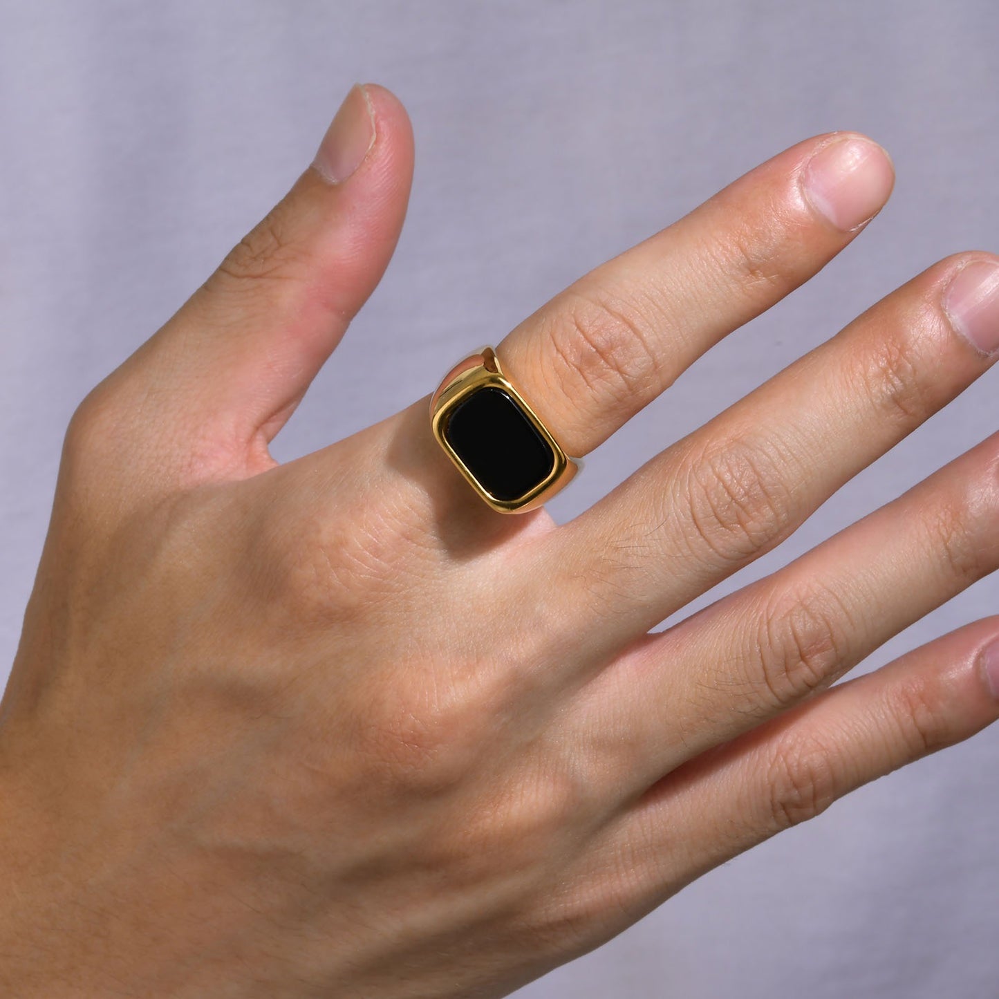 Kemstone Gold Stainless Steel Signet Ring for Men – Rectangle Black Stone Gothic Statement RC-619
