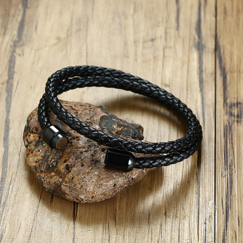 Kemstone Black Leather & Stainless Steel Magnetic Bracelet – Dual-Layer Cuff for Men BL446