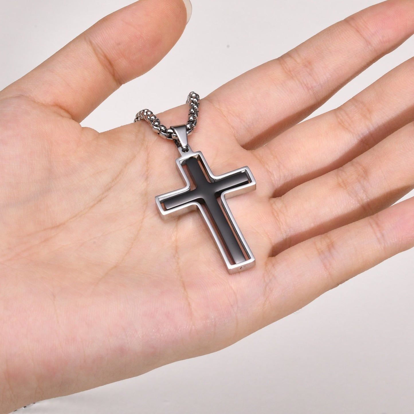 Men’s Rotating Cross Pendant Necklace – Gothic Dual-Layer Stainless Steel Chain PN-1998