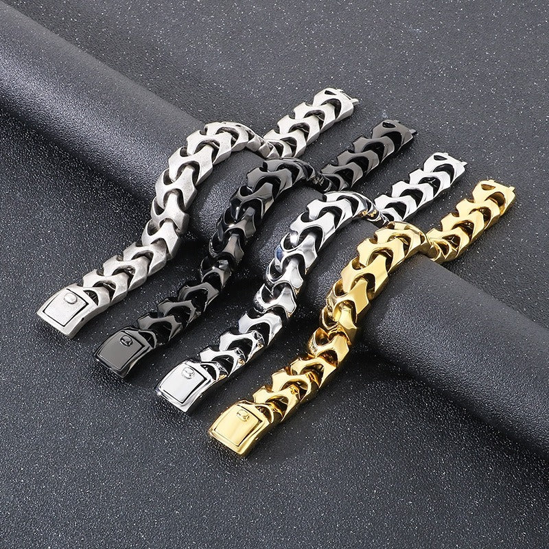 Kemstone Bold Punk Titanium Steel Square Buckle Dragon Bone Chain Bracelet Handmade 22CM KB112527-BD