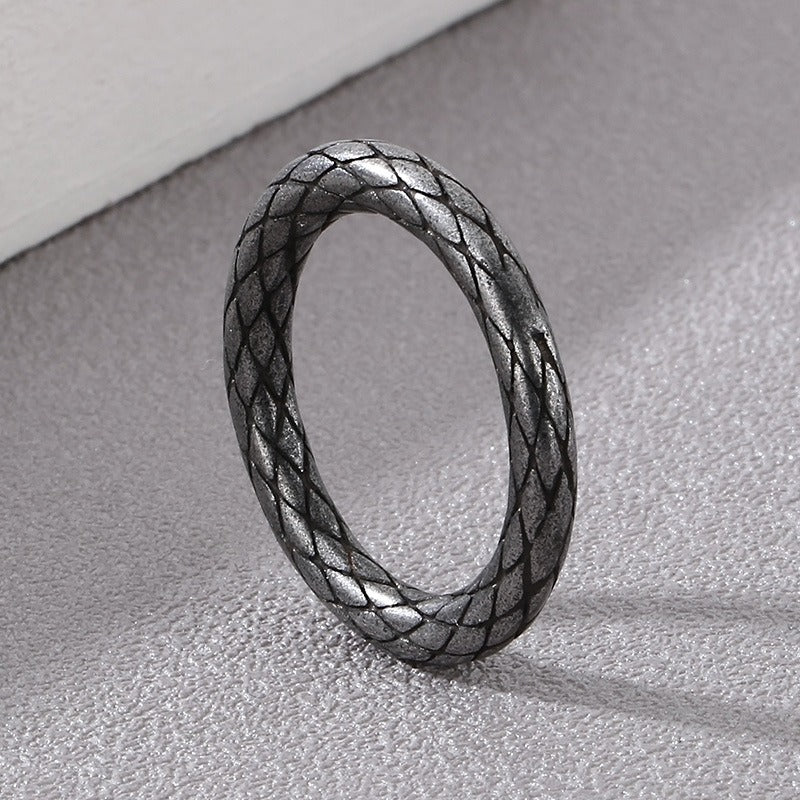 Kemstone Serpent Grid Ring – Distressed Stainless Steel Circle Band for Men | Gothic Punk Street Style KR1088455