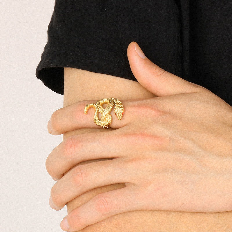 Kemstone Serpentine Titanium Steel Ring - Coiled Snake Design with Ruby Eyes, Vintage Gothic Jewelry for Men KR105952