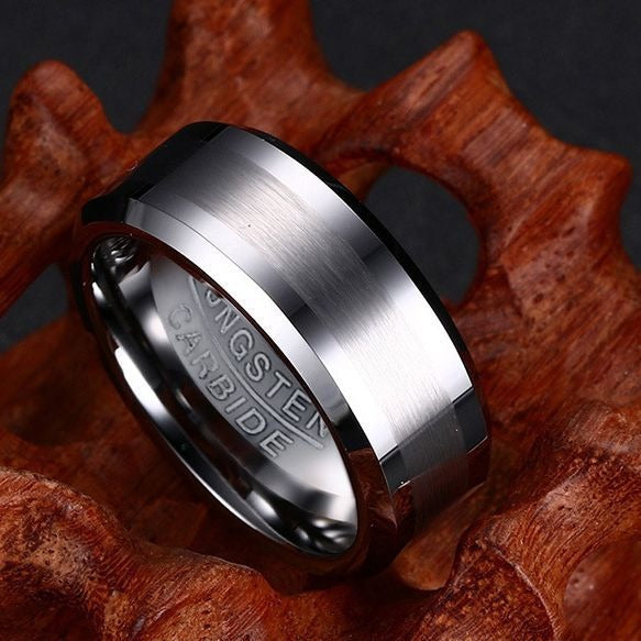 Tungsten Carbide Men's Ring – 8mm Brushed Band | Black & Silver Heavyweight Ring TCR-014