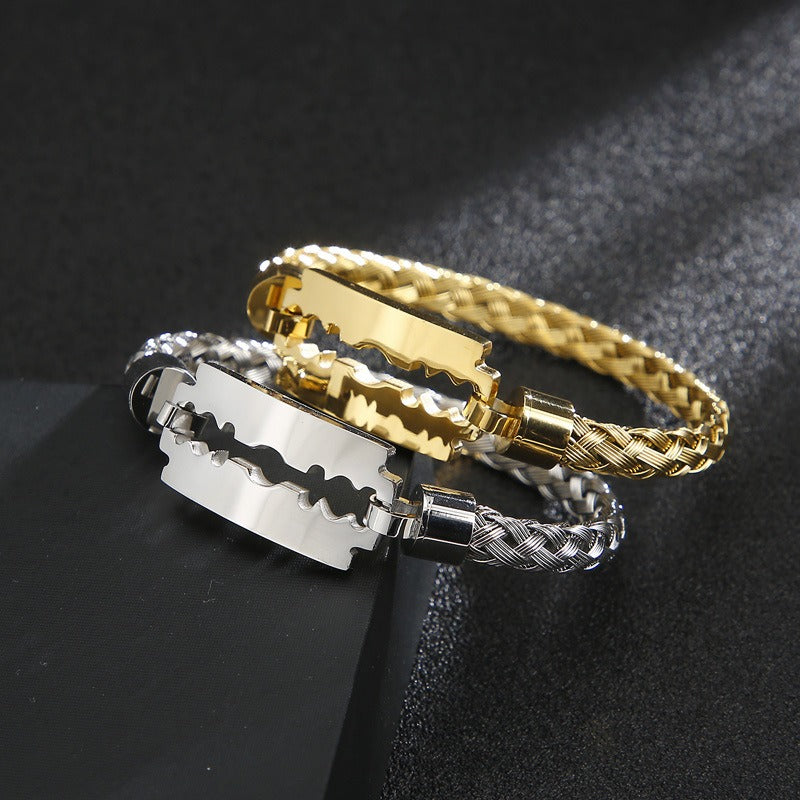 Kemstone Titanium Steel Cuff Bracelet for Men - Braided Blade Design with Premium Electroplated Finish KB130548