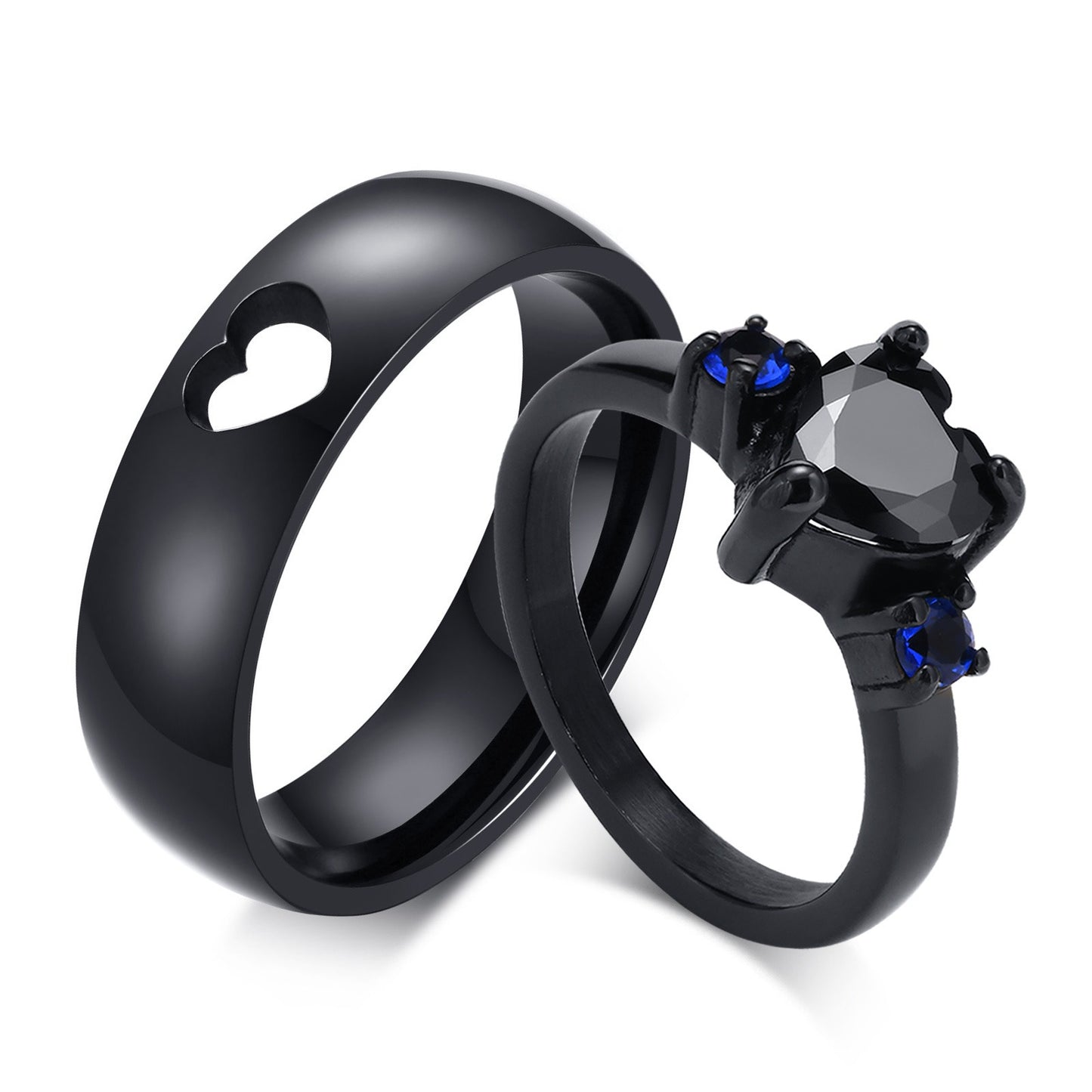 Kemstone Titanium Steel Heart-Zircon Black Cast Couple Rings RC-468B