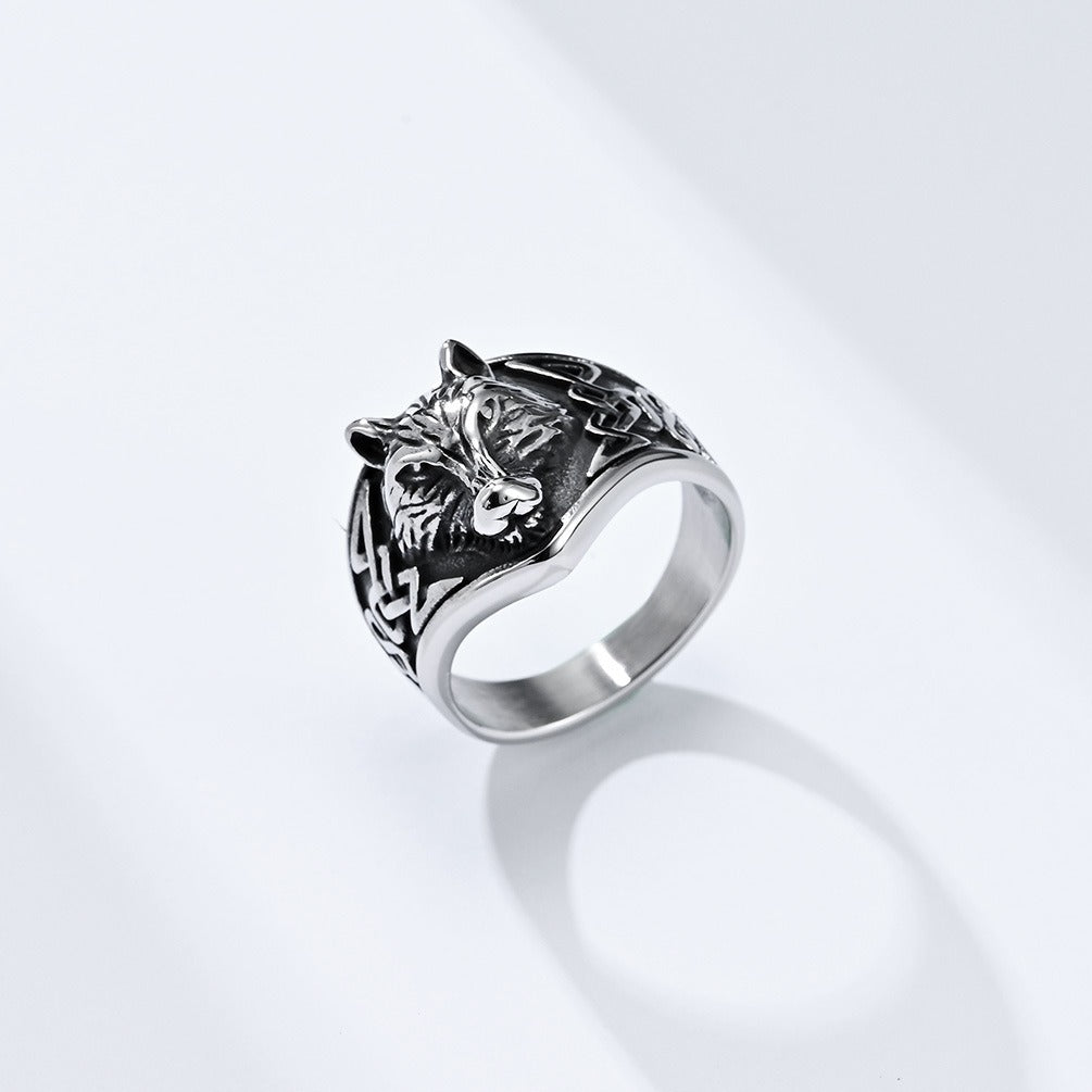 Kemstone Men’s Titanium Steel Celtic Wolf Head Ring – Vintage Symbol K-R692