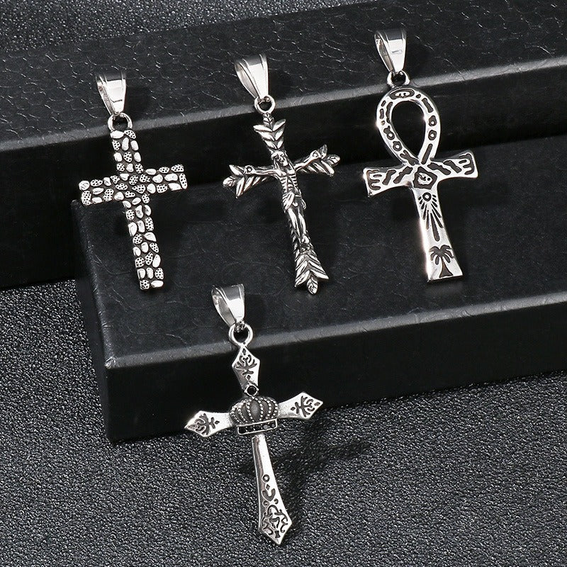Kemstone Titanium Steel Punk Crown Cross Pendant – Vintage Hieroglyphic Engraved Necklace KP120067