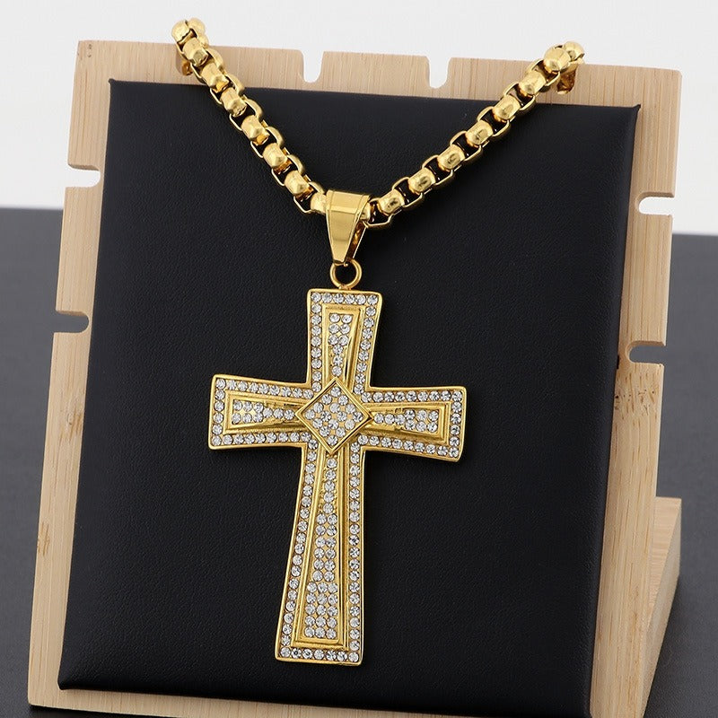 Kemstone Titanium Steel Gold Dual Cross Pendant Necklace – Hip Hop Cubic Zirconia Hollow Design KP130467