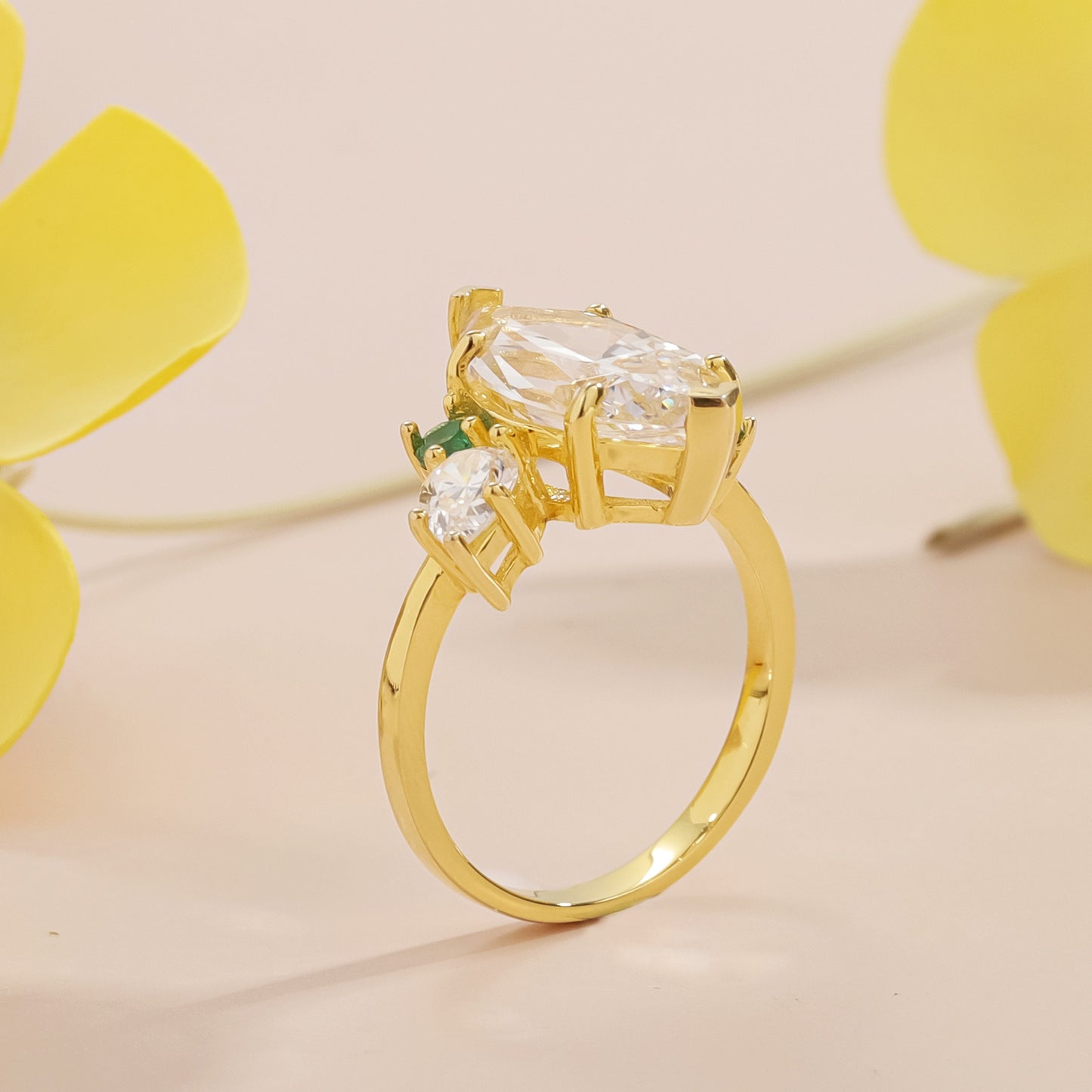 Kemstone 3-Carat Marquise Moissanite Ring – Asymmetric Design, 925 Sterling Silver Gold Plated T7-OL1143R