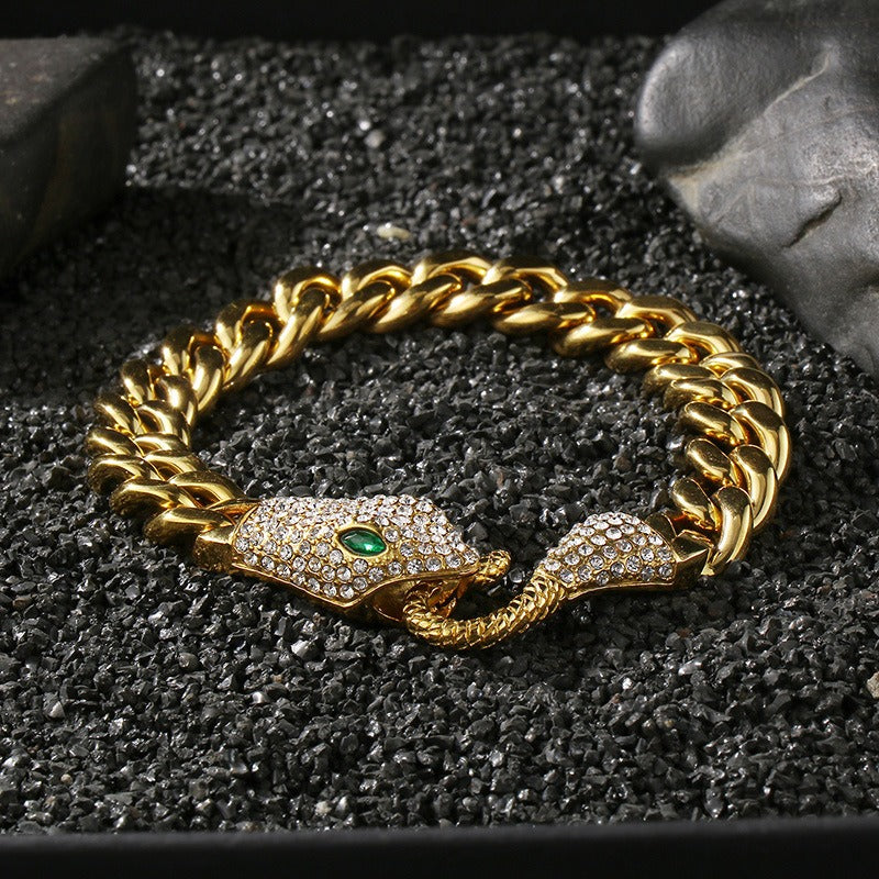 Kemstone Titanium Steel Cuban Chain Bracelet – Double-Sided Polished Hip Hop Snake Head, Green or Red Eyes KB185251