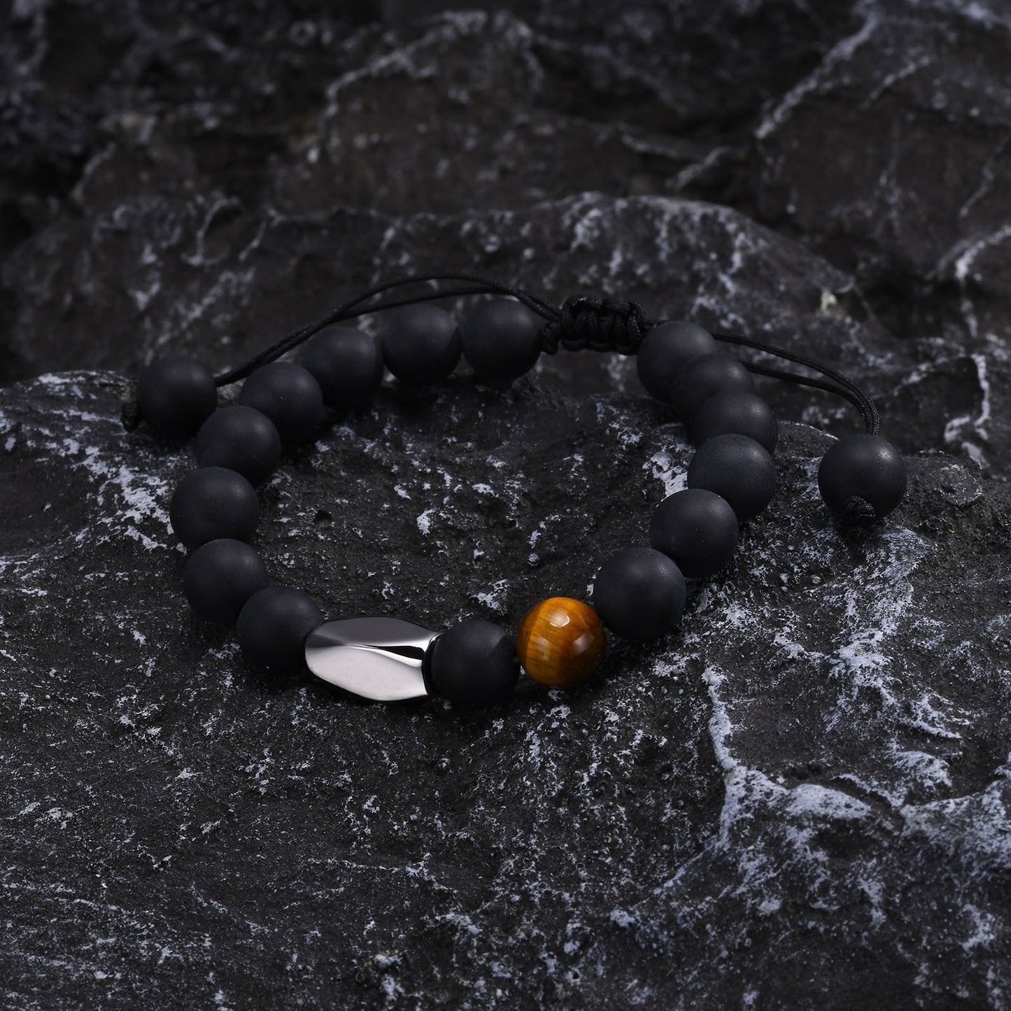 Kemstone Men’s Matte Onyx & Tiger Eye Bracelet – Adjustable Natural Stone Band BR-1680