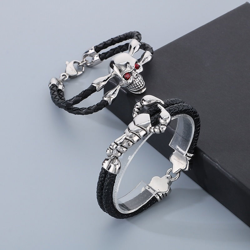 Kemstone Stainless Steel Skull Anchor Braided Leather Cuff Bracelet Punk Biker Style KB53392-K