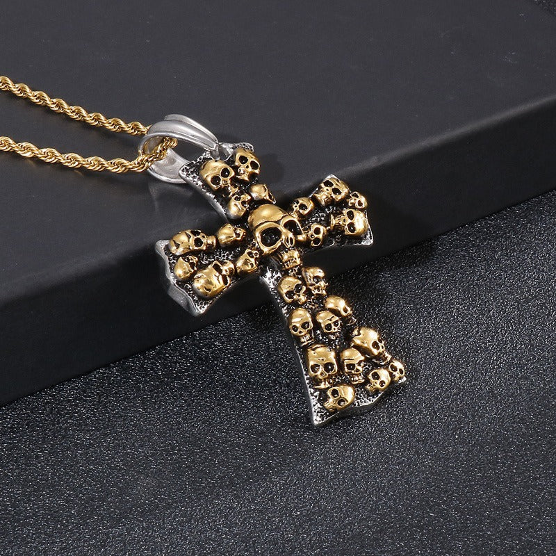 Kemstone Gothic Skull Cross Necklace – Matte Black Punk Pendant for Men KP55728-B