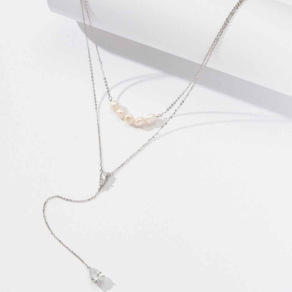Kemstone Layered Y Lariat Necklace for Women – 925 Sterling Silver, Pearl & Cubic Zirconia, Adjustable Gold/Silver Chain A4-BQN13