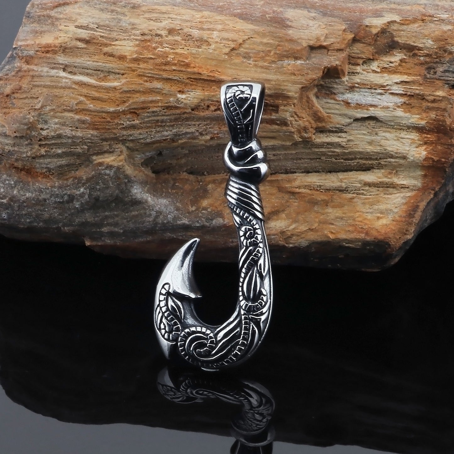 Kemstone Viking Fishhook Pendant Necklace – Rustic Titanium Steel for Men KP130377