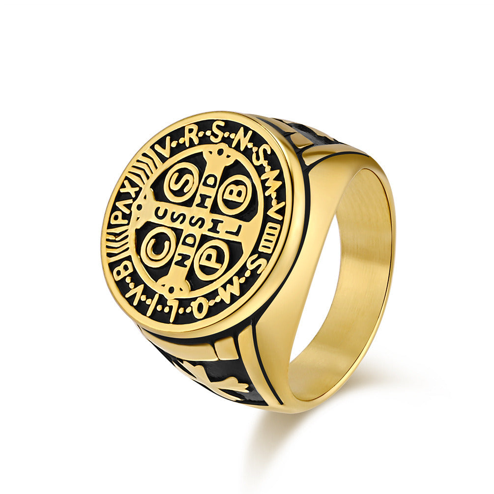 Kemstone Gothic Exorcist Ring – Vintage Stainless Steel Saint Benedict Cross Band for Men | Punk Streetwear Style