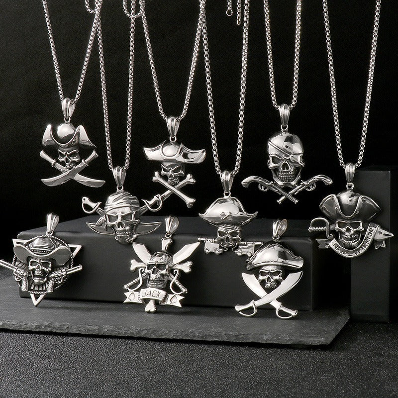 Kemstone Pirate Skull Pendant for Men – Punk Rock Sparrow & Anchor Necklace in Vintage Stainless Steel KP79431-BD
