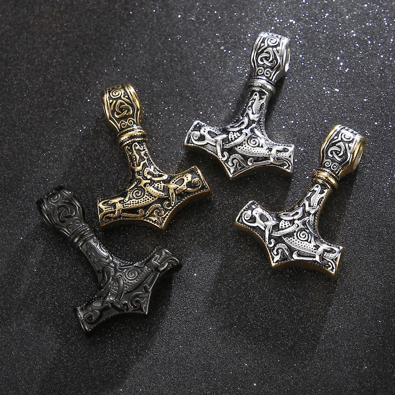 Kemstone Viking Thor’s Hammer Pendant – Stainless Steel Norse Amulet with Skull Connector KP96348