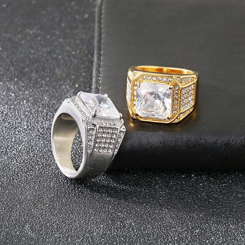 Anello da uomo Kemstone in acciaio al titanio, fascia larga intarsiata con zirconi 3A per il lusso quotidiano KR112700-MZOZ