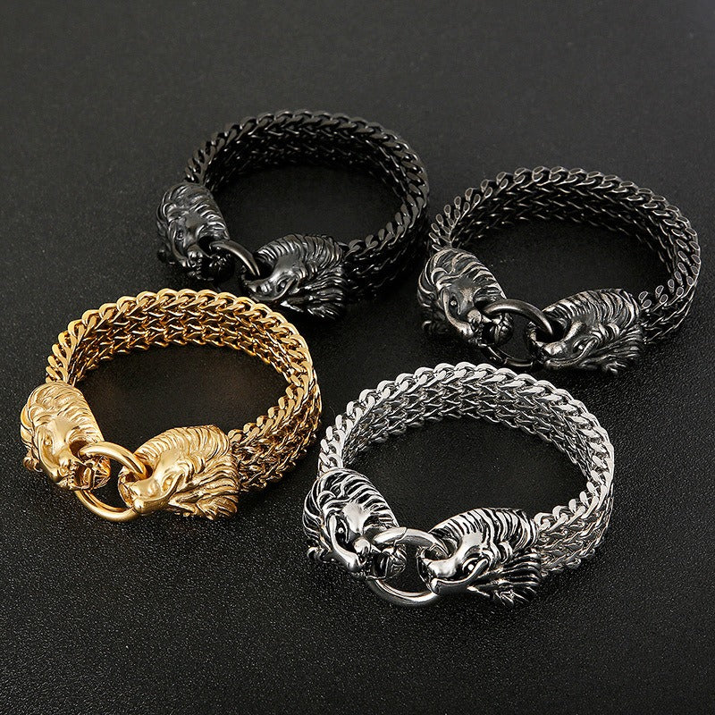 Pulsera Kemstone con calavera, lobo y cabeza de león - Cadena de acero de titanio con borde punk KB144489