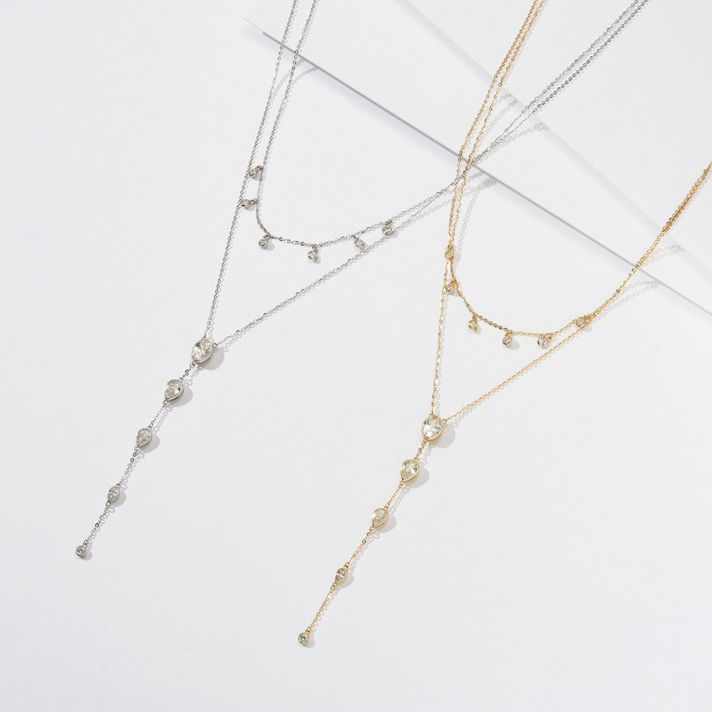 Kemstone S925 Sterling Silver Layered Lariat Necklace for Women – Elegant Y & CZ Chain Clavicle Jewelry, Silver & Gold A4-BQN16