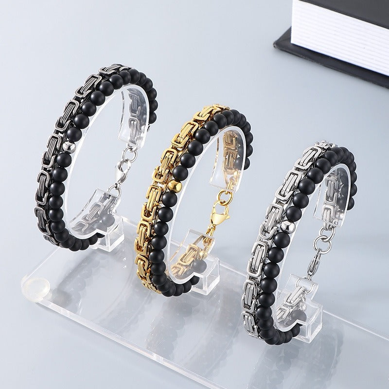 Kemstone Double Chain Bracelet for Men – Stainless Steel & Black Agate Beads, Viking Punk Style