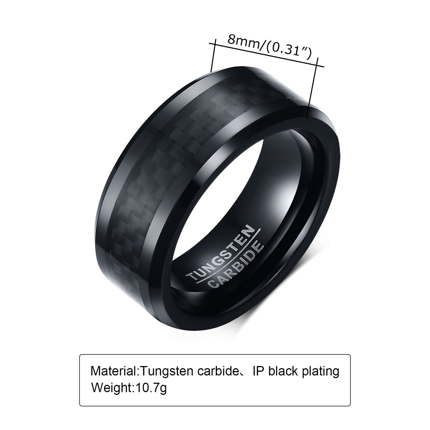 Kemstone 8MM Carbon Fiber Inlaid Tungsten Carbide Ring – Black Matte Finish TCR036