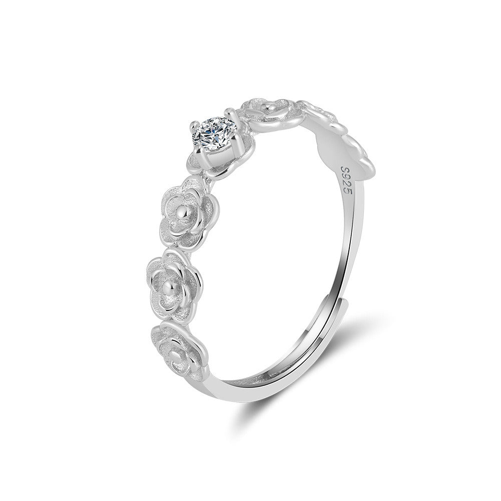 Kemstone 925 Sterling Silver Rose Flower Ring – Adjustable Open Band CZ Ring for Women, 14K Gold / White Gold Plated A4-APR41