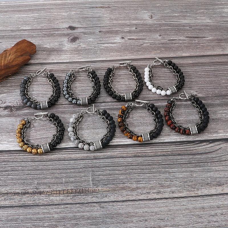 Kemstone Tiger Eye & Turquoise Bead Bracelet – Dual-Layer Steel Chain Men’s Jewelry with Vintage Map Stone Vibe KB182645