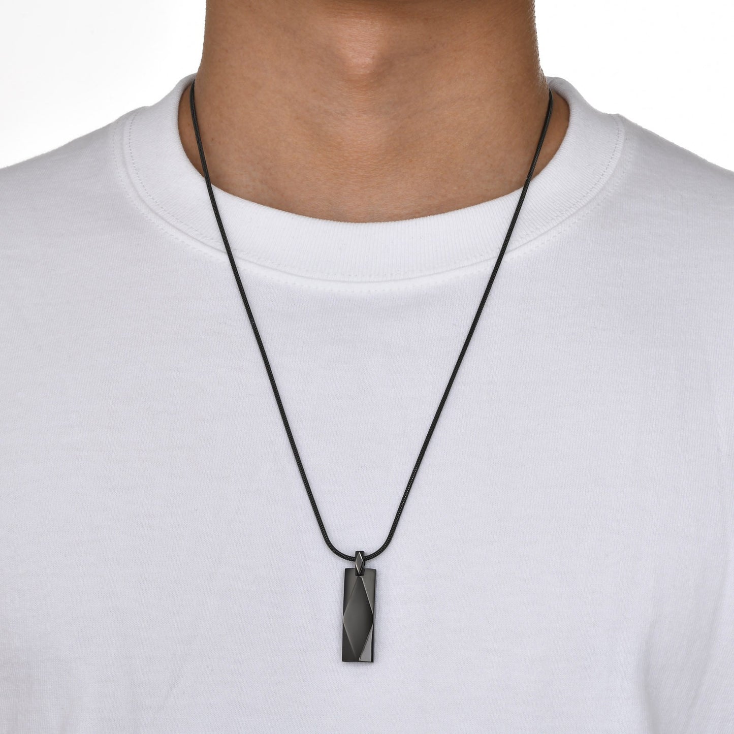 Men’s Geometric Pendant Necklace – 3D Rhombus Rectangle Design in Stainless Steel | Black & Silver Gothic Style NC-1455