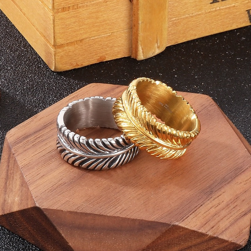 Kemstone Leaf Motif Titanium Steel Ring – Boho Gothic Nature-Inspired Punk Jewelry for Men KR108704