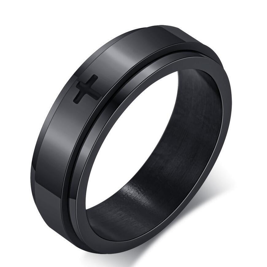 Kemstone Black Laser-Etched Cross Rotating Stainless Steel Ring – Gothic Industrial Men’s Jewelry R589
